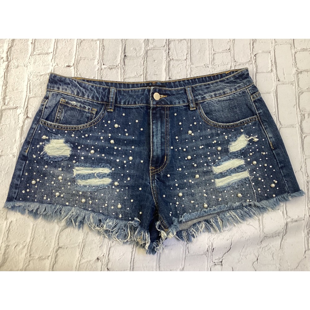 Designer boutique Vocal Womens Pearl Rhinestone Distressed Denim Shorts Blue XL